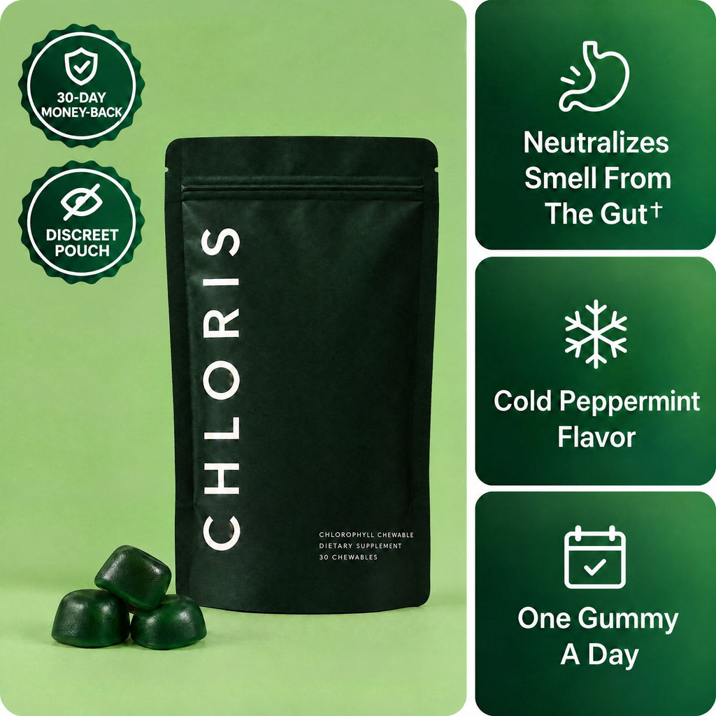 CHLORIS chlorophyll gummies: 30-day money-back, discreet pouch, neutralizes smell from the gut, cold peppermint, one gummy a day