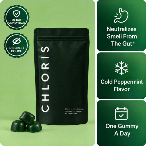 CHLORIS chlorophyll gummies: 30-day money-back, discreet pouch, neutralizes smell from the gut, cold peppermint, one gummy a day